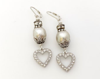 Vintage Repurposed Pearl Earrings, Rhinestone Heart Dangle Earrings for Women, Unique One of a Kind Handmade Pierced Bridal Earrings