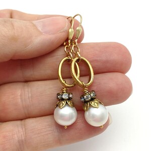 Pearl Earrings for Women, Pearl Drop Rhinestone Earrings June Birthstone Handmade Gifts Gold Tone Rhinestone Pierced Earrings image 5
