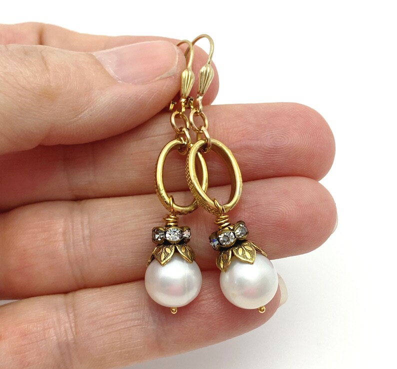 Pearl Earrings for Women, Pearl Drop Rhinestone Earrings June Birthstone Handmade Gifts Gold Tone Rhinestone Pierced Earrings image 5