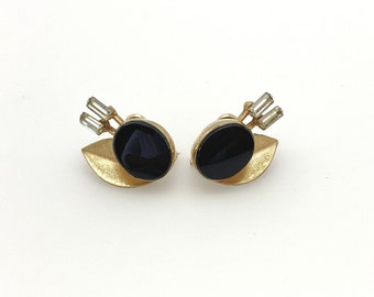 Van Dell goud gevulde oorbellen, vintage sieraden schroef terug oorbellen voor vrouwen, zwarte onyx strass oorbellen cadeau idee niet-doorboorde oorbellen