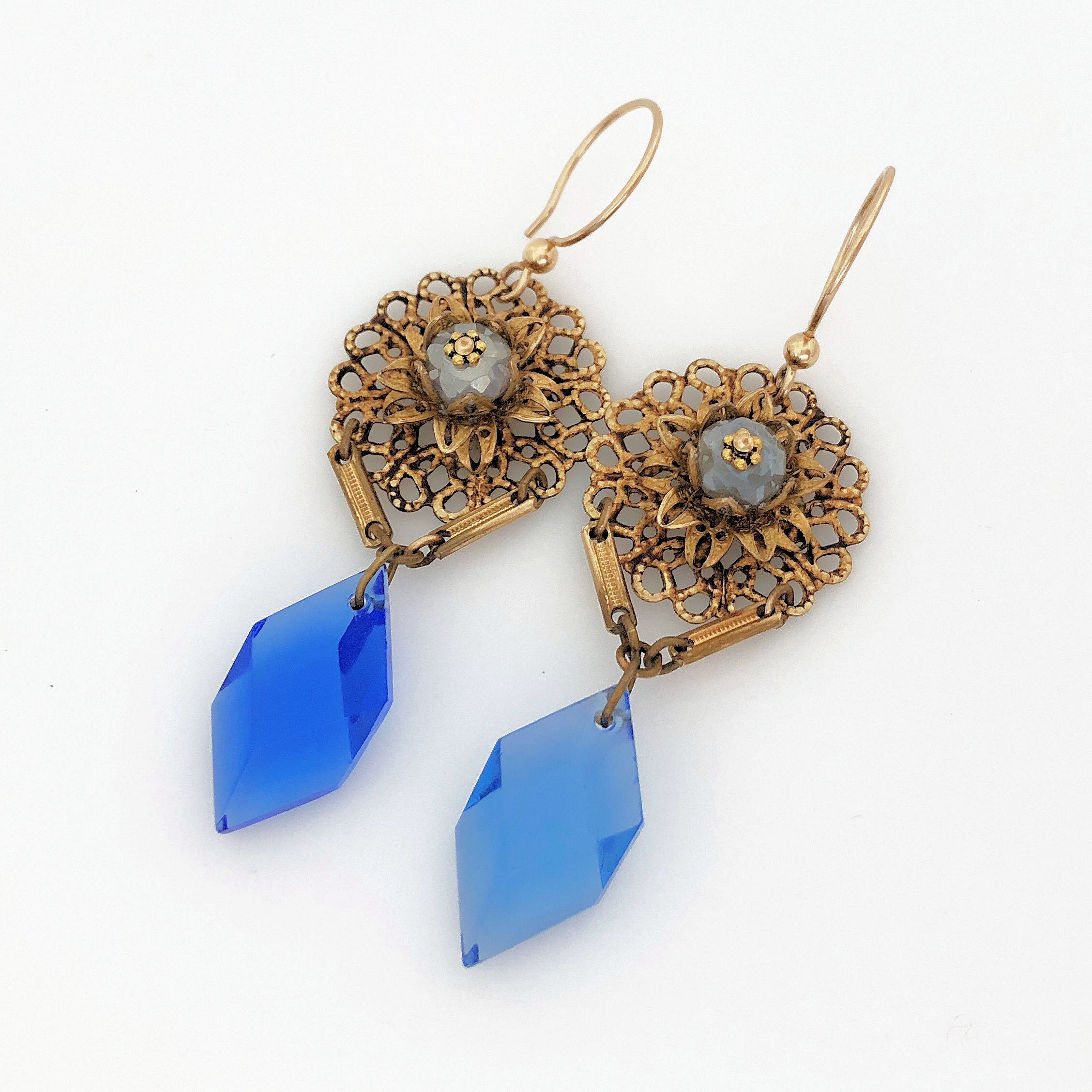 Unique Earrings Vintage Repurposed Blue Crystal Dangle | Etsy