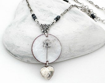Unique Handmade Pendant Necklace, Wishing Flower Enamel Pendant, Sterling Silver Heart Locket Black Spinel Gemstone Necklaces for Women Gift