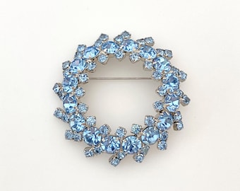 Vintage Jewelry 1950s Retro Blue Rhinestone Brooch, Statement Jewelry Birthday Gift for Her Silver Color Round Circle Rhinestone Pin