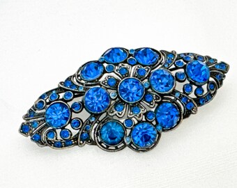 Vintage Jewelry Statement Blue Rhinestone Brooch, 1930s Czech Blue Crystal Art Deco Brooches for Women Flower Floral Large Size Silver Tone