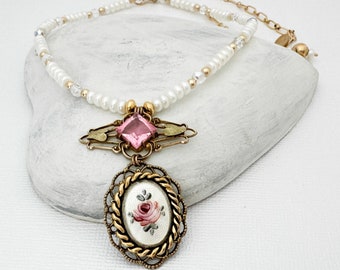 Unique Genuine Pearl Necklace, Gold Filled Guilloche Enamel Pink Flower Pendant Necklaces for Women, Handmade Gifts Everyday Vintage