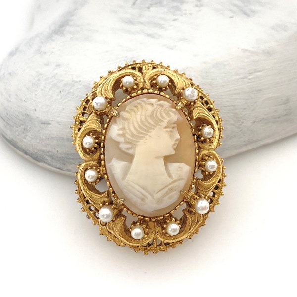 FLORENZA Cameo Brooch, Vintage Jewelry Carved Shell Woman Cameo Pin, Florenza Jewelry Gold Tone Pearl Accents Mid Century Brooches for Women