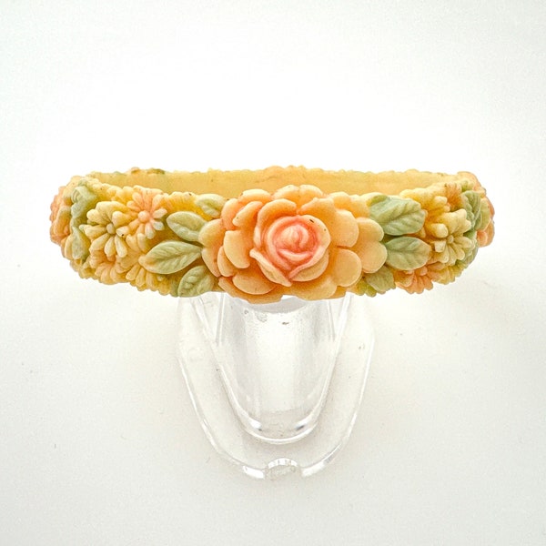 Vintage Carved Celluloid Rose Daisy Pastel Floral Flower Bangle Bracelet, Vintage Jewelry Gift for Her Bracelets for Women JAPAN