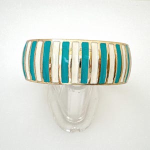 Vintage Turquoise Blue White Enamel Bangle Bracelet Side Hinge Clamper Retro Bracelet