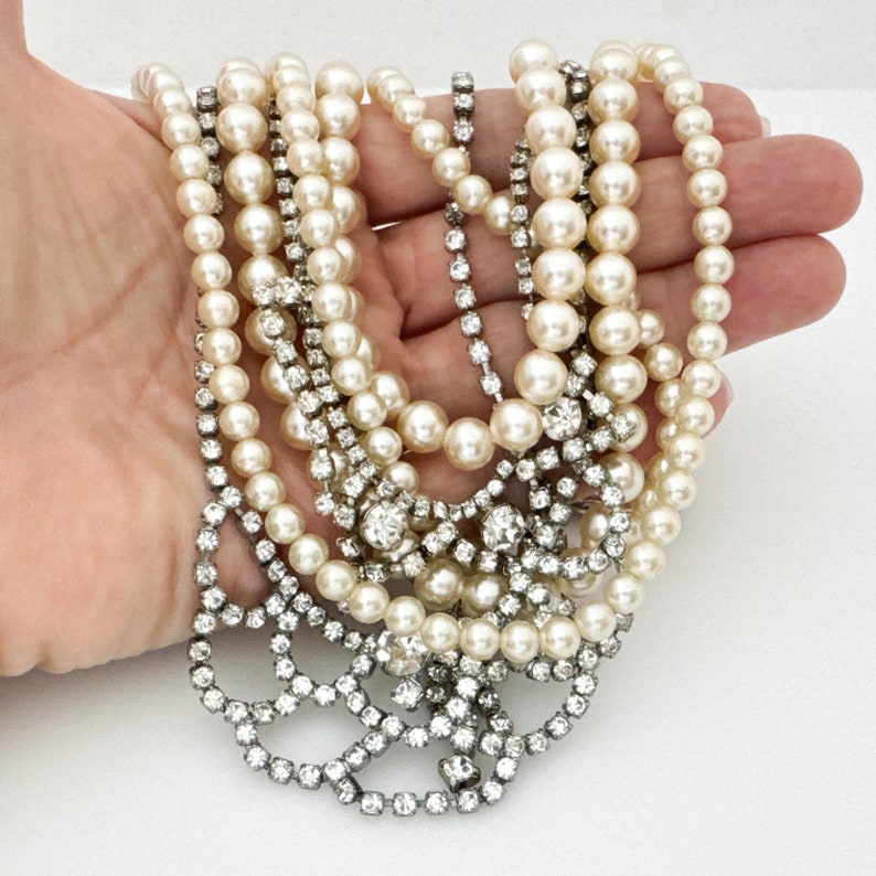 Pearl and Rhinestone Statement Jewelry Necklace, Bib Necklaces for Women, Vintage Assemblage Multi Strand Vintage Jewelry Bridal Necklace image 5