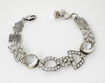 Unique One of a Kind Bracelet, Art Deco Rhinestone Bracelets for Women, Vintage Repurposed Handmade Gifts Silver Tone Crystal Bracelet