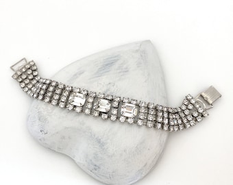 7 1/2" Vintage Jewelry Clear Rhinestone Bracelet, 1950s Mid Century Bracelets for Women, Silver Plated Crystal Bracelets for Women Bride