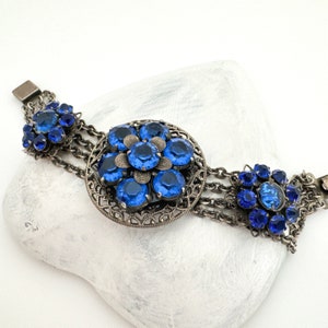 1930s Vintage CZECH Blue Rhinestone Bracelet Statement Bracelets for Women Silver Tone Filigree Vintage Jewelry Flower Bracelet Multi Strand Bild 2
