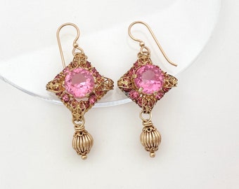 Unique One of a Kind Pink Rhinestone Earrings Vintage Repurposed Czech Filigree Gold Filled Dangle Earrings for Women Handmade Jewelry Gifts