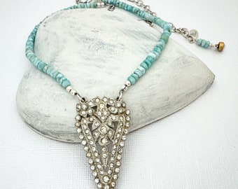 Unieke Art Deco Strass hanger ketting, Larimar edelsteen kettingen voor vrouwen, unieke handgemaakte geschenken zeldzame vondst vintage hergebruikt