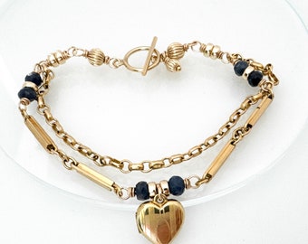 Gold Filled Vintage Watch Chain Bracelet Blue Sapphire Gemstone Bracelet Heart Locket Charm Handmade Gifts, Minimalist Unique One of a Kind