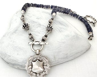 Antieke sterlingzilveren horlogehangerhanger, unieke handgemaakte edelsteenketting met gold filled schild