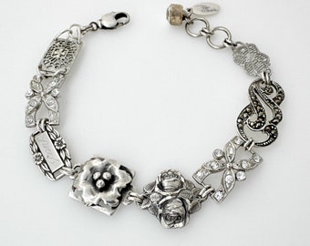 Zeldzame vondst Art Deco Sterling zilveren filigraan armband, vintage assemblage handgemaakte geschenken bloemrozen unieke schakelarmbanden voor vrouwen