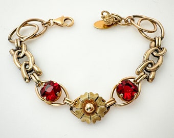 Rare Find Gold Filled Bracelet, Vintage Assemblage Bracelets for Women Rhinestone Flower Floral Unique One of a Kind Handmade Gifts Art Deco