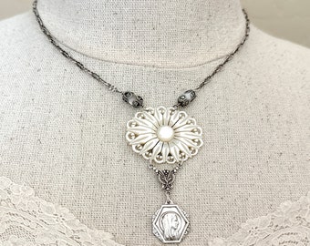 Unique Handmade Mother of Pearl Flower Pendant Necklaces for Women Italy Silver Religious Medal Rare Find Silver Color Vintage Assemblage