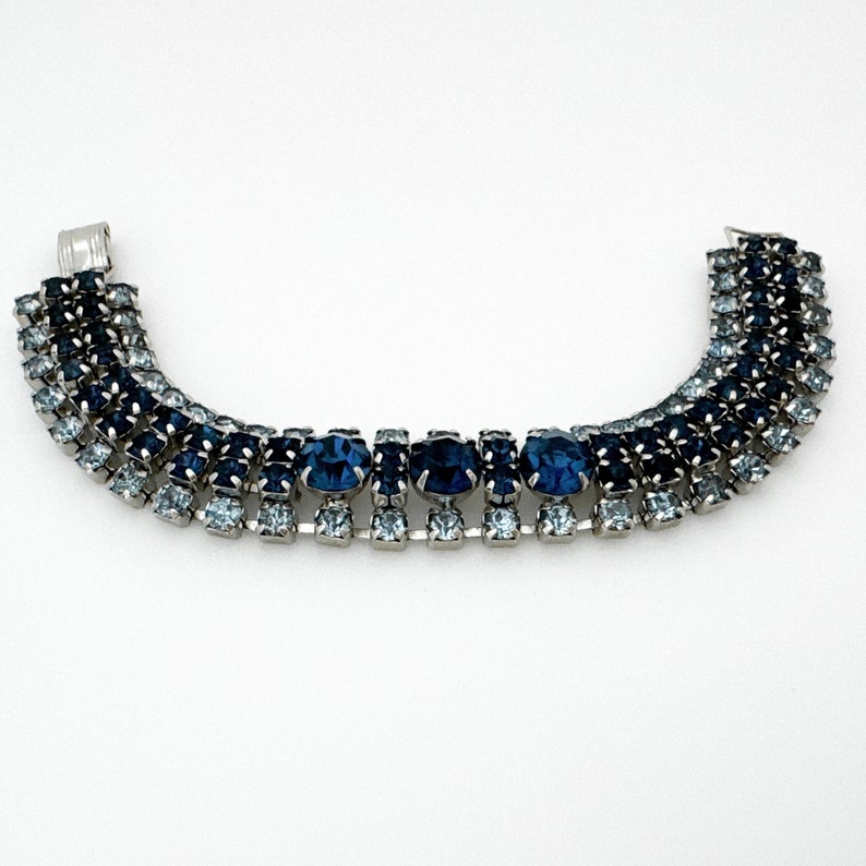 Vintage Jewelry Blue Rhinestone Bracelet, 1950s Retro Costume Jewelry Bracelets for Women, Silver Tone Color Sapphire Blue image 4