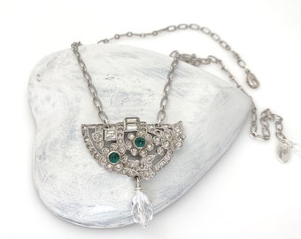 Rare Find Vintage Repurposed Art Deco Pendant Necklace, Rhinestone Necklaces for Women Silver Tone Layering Necklace Emerald Green Flower