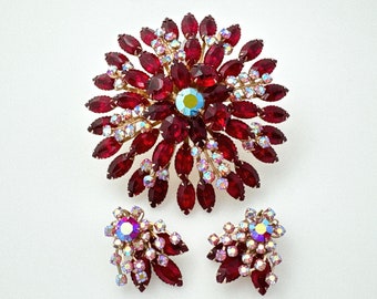 Vintage Jewelry Set, Huge Statement Red Rhinestone Flower Brooch w Clip On Earrings, Unsigned Judy Lee Brooch Set Aurora Borealis Gold Tone