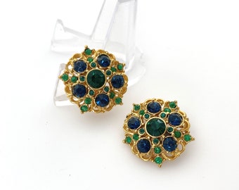 Vintage Jewelry Clip On Earrings, Blue and Green Rhinestone Flower Earrings for Women, Gold Color Costume Jewelry Non Pierced Earrings Gift