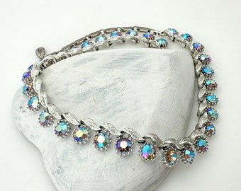 LISNER Necklace, Signed Lisner Blue Aurora Borealis Rhinestone Necklaces for Women, 1950s Vintage Jewelry Collar Necklace Silver Color