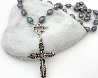 Sterling Silver Cross Necklace, Peacock Pearl Necklaces for Women, Unique One of a Kind Handmade Gifts, Marcasite Gemstone Cross Pendant