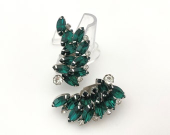 Vintage Jewelry Juliana Earrings, Emerald Green Rhinestone Statement Earrings, Clip On Earrings Non Pierced Silver Tone Color