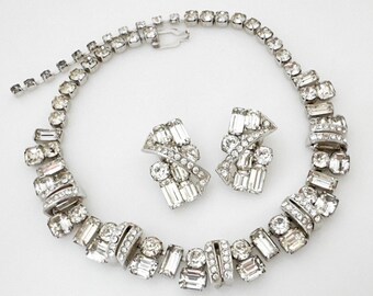 Signed EISENBERG Necklace Earrings Set, Vintage Jewelry Crystal Rhinestone Statement 1950s Jewelry