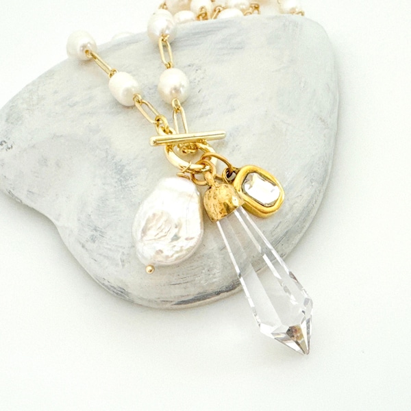 Unique Pearl & Crystal Charm Necklace, 18k Gold Plated Chain, Handmade Everyday Jewelry for Women Statement Pendant Necklace
