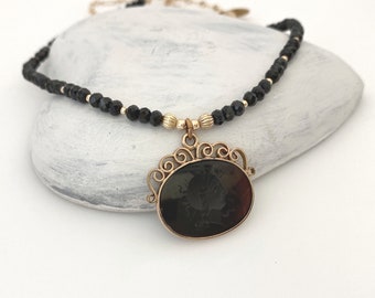 Rare Find Antique Gold Filled Pendant Necklace Carnelian Warrior Intaglio Black Spinel Gemstone Necklaces for Women Unique One of a Kind