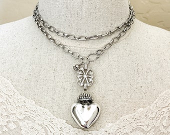 Unique Heart Pendant Necklace, Handmade Gifts Long Statement Necklace Puffed Heart Rhinestone Necklace for Women Silver Chain