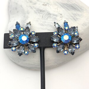 Blue Rhinestone Clip On Earrings, Vintage Jewelry Flower Earrings for Women, Silver Color Statement, 1950s Costume Jewelry Gift for Her Mom image 8