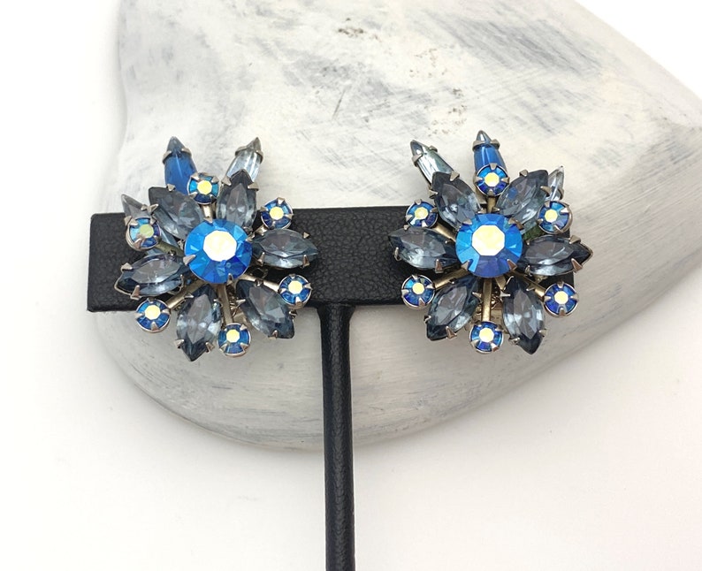 Blue Rhinestone Clip On Earrings, Vintage Jewelry Flower Earrings for Women, Silver Color Statement, 1950s Costume Jewelry Gift for Her Mom image 8