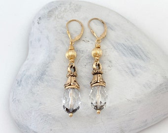 Unieke unieke oorbellen, vintage kristallen bungelende oorbellen met goud gevuld, zeldzame vondst doorboorde oorbellen voor vrouwen, handgemaakte cadeaus voor haar