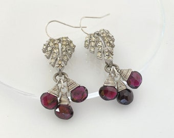 Unique Earrings, Handmade One of a Kind Garnet Gemstone Earrings, Vintage Repurposed Rhinestone Dangle Earring for Women, Silver Color Gift