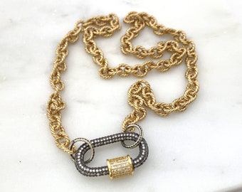 Carabiner Necklace, Chunky Link Chain Necklace, Mixed Metal Silver and Gold Layering Necklace Rhinestone Necklaces for Women Handmade