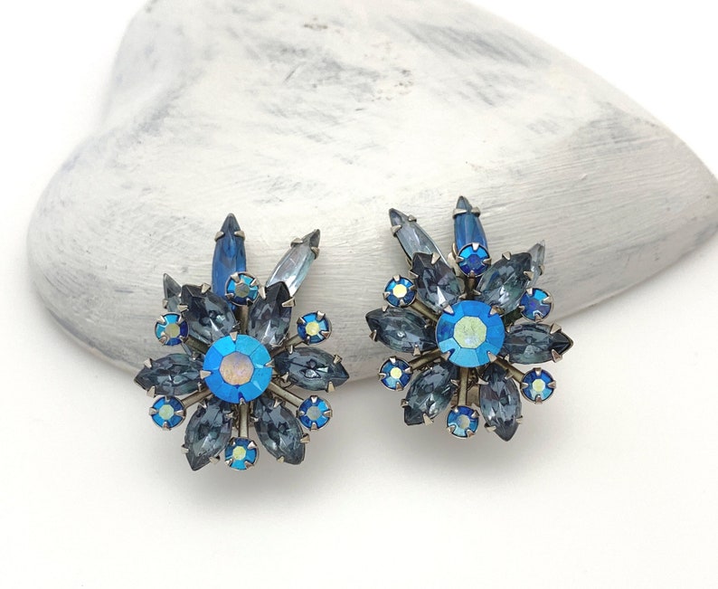 Blue Rhinestone Clip On Earrings, Vintage Jewelry Flower Earrings for Women, Silver Color Statement, 1950s Costume Jewelry Gift for Her Mom image 1