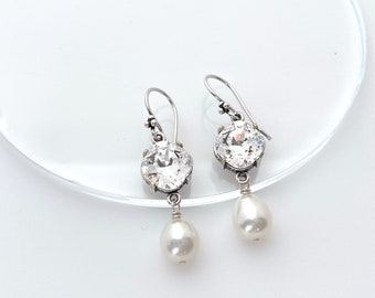 Swarovski Crystal and Pearl Earrings, Real Pearl Drop Pierced Earrings for Women Bridal Earrings Simple Silver Dangle Earrings Handmade Gift