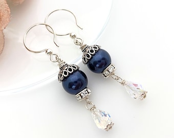 Handmade Unique Pearl and Crystal Dangle Earrings Swarovski Navy Blue Pearl Earrings for Women, Sterling Silver Pierced Earrings Gift