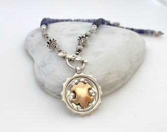 1924 Antique Sterling Silver Watch Fob Pendant Necklace, Gold Filled Shield Iolite Gemstone Necklace Unique One of a Kind Handmade Gifts