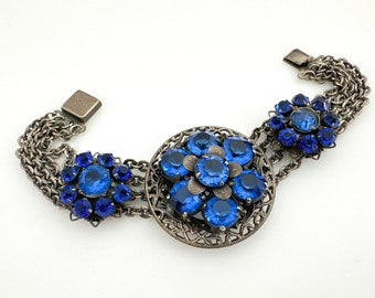 1930s Vintage CZECH Blue Rhinestone Bracelet Statement Bracelets for Women Silver Tone Filigree Vintage Jewelry Flower Bracelet Multi Strand
