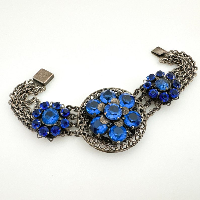 1930s Vintage CZECH Blue Rhinestone Bracelet Statement Bracelets for Women Silver Tone Filigree Vintage Jewelry Flower Bracelet Multi Strand Bild 1