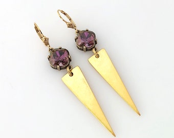 Unique Earrings, Swarovski Crystal Dangle Earrings Gift for Women, Gold Plated Spike Statement Earrings Modern Contemporary Handmade Jewelry