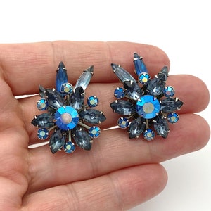 Blue Rhinestone Clip On Earrings, Vintage Jewelry Flower Earrings for Women, Silver Color Statement, 1950s Costume Jewelry Gift for Her Mom image 4