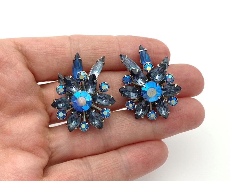 Blue Rhinestone Clip On Earrings, Vintage Jewelry Flower Earrings for Women, Silver Color Statement, 1950s Costume Jewelry Gift for Her Mom image 4