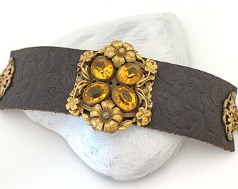 Statement Bracelet, Vintage Repurposed Rhinestone Buckle Leather Bracelet, Brown Leather Ladies Cuff Bracelets for Women Flower Floral