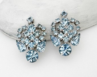 Blue Rhinestone Clip On Earrings, 1950s Retro Vintage Jewelry Earrings for Women, Statement Costume Jewelry Silver Tone, Gift for Her Mom